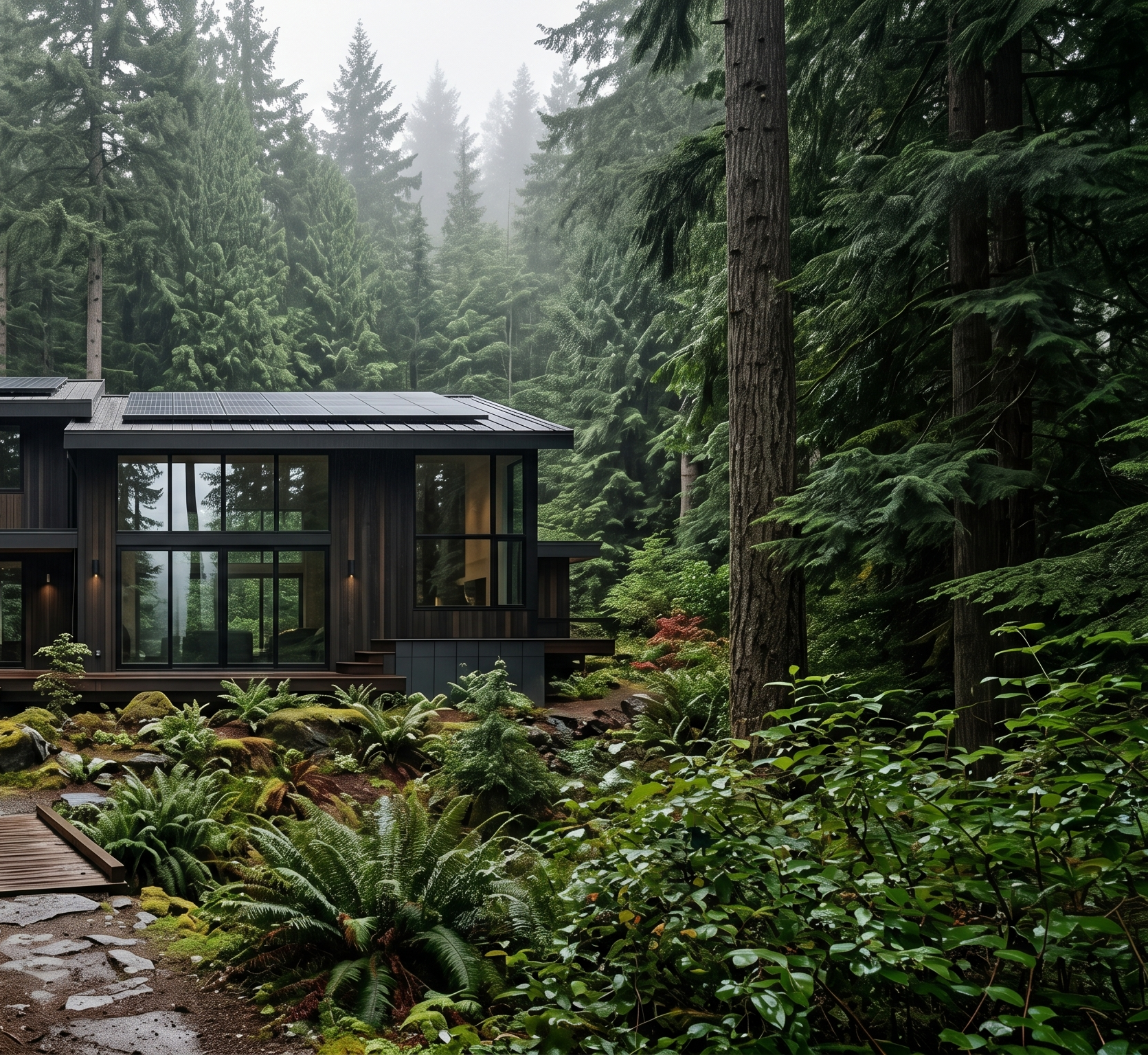A modern home with large windows surrounded by evergreen forest